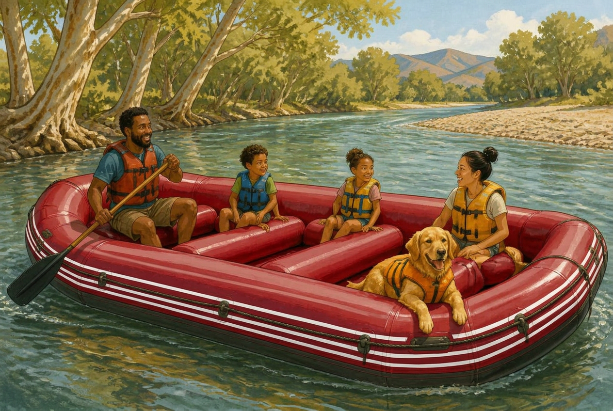 Illustrated multiracial family and their dog wearing life jackets in a large six-person yellow raft on the river
