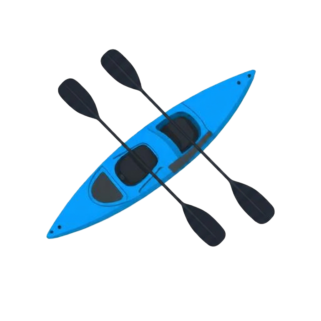 Blue two-person tandem kayak with paddles