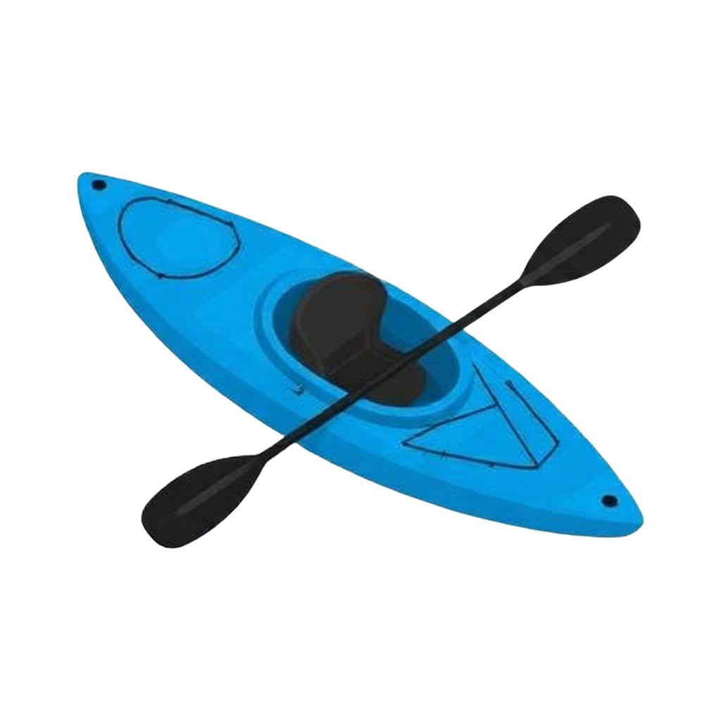 Blue one-person kayak with paddle
